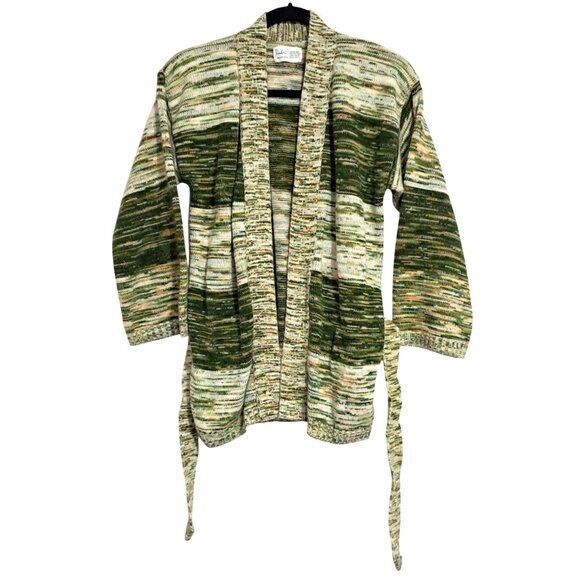 Vintage 70s Pandora Green & Cream Knit Open Front Cardigan Sweater With Belt - Picture 2 of 8